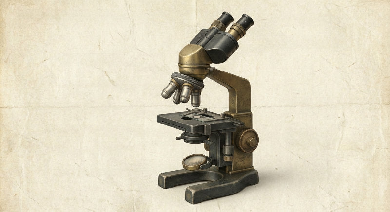 Microscopio antiguo de latón sobre papel envejecido, categoría de libros de ciencias y matemáticas